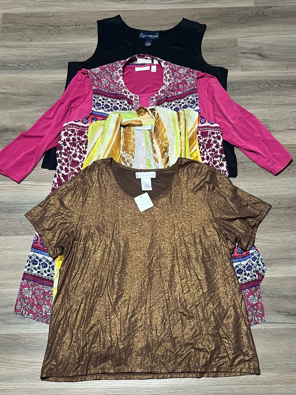 5 Susan Graver XL Tops Lot Bundle Short Sleeve Bronze Black Pink Yellow